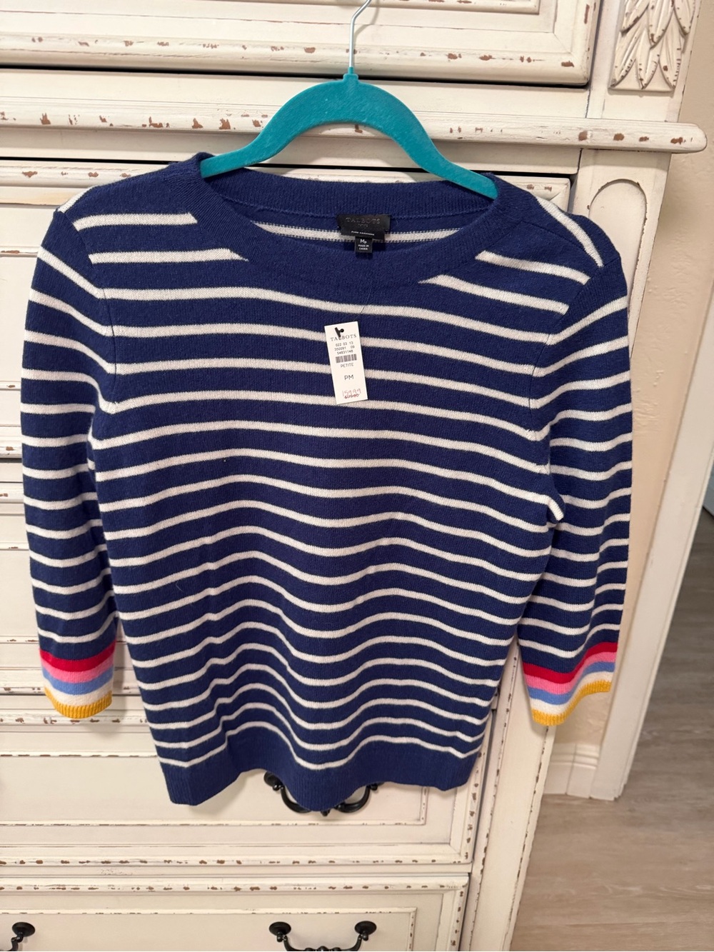 100% Cashmere Talbots Navy and White Striped Crewneck Sweater